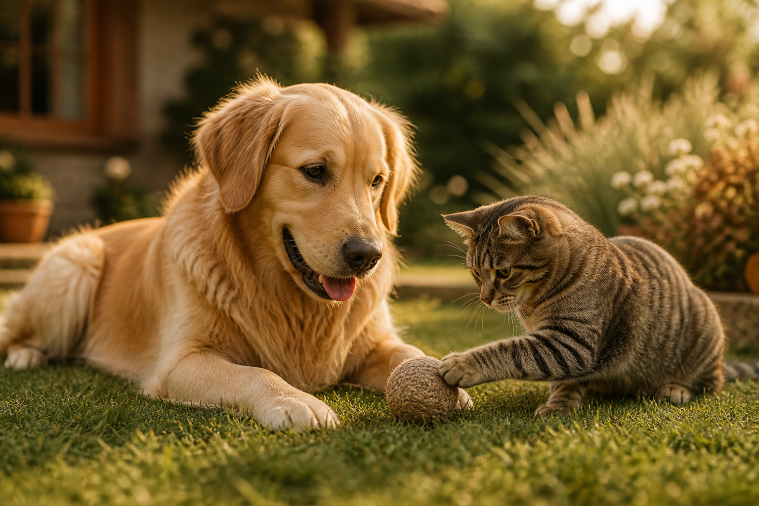 Happy dogs and cats playing together